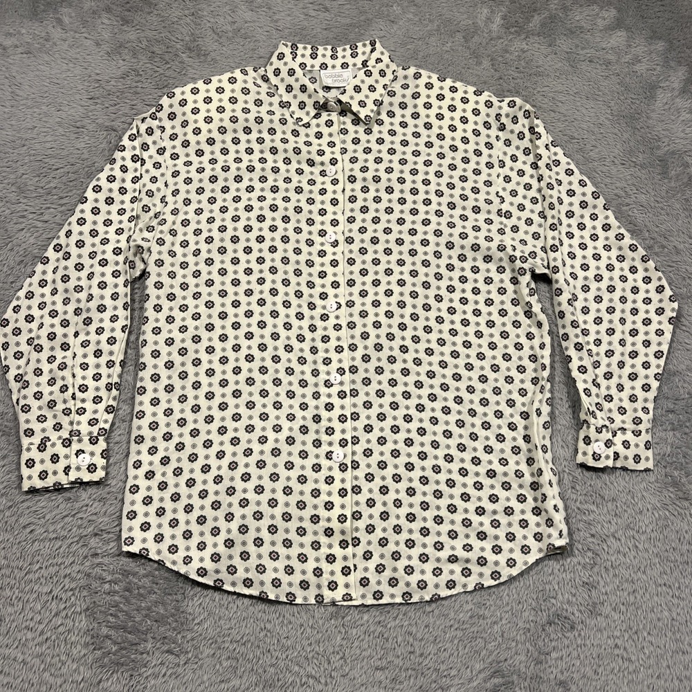 Bobbie Brooks Button Down Shirt Floral Medallion Shoulder Pads Cream Women's M